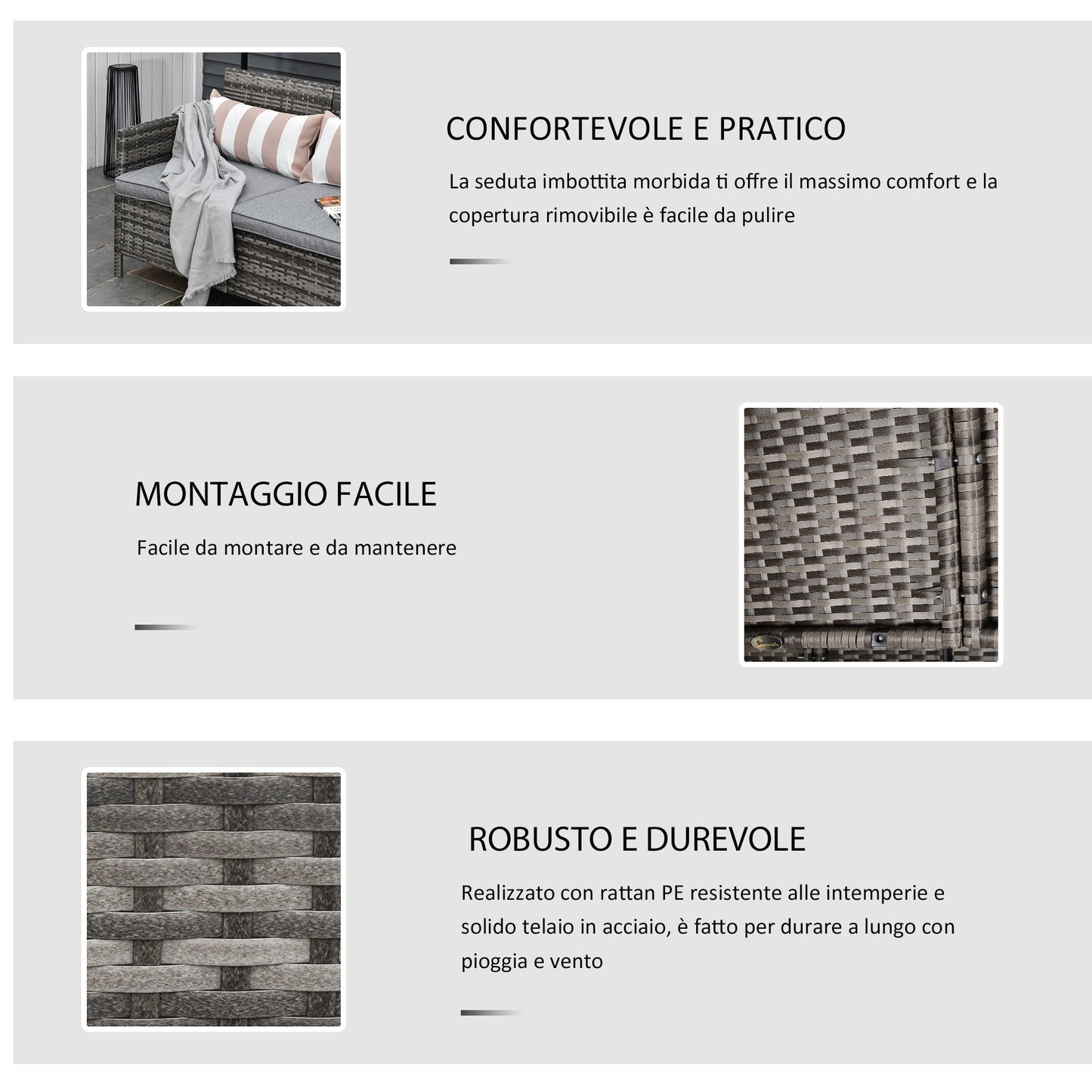 3 Seater Outdoor Sofa in Rattan (PE) with Padded and Removable Cushions, Garden/Terrace, 173x68x78cm