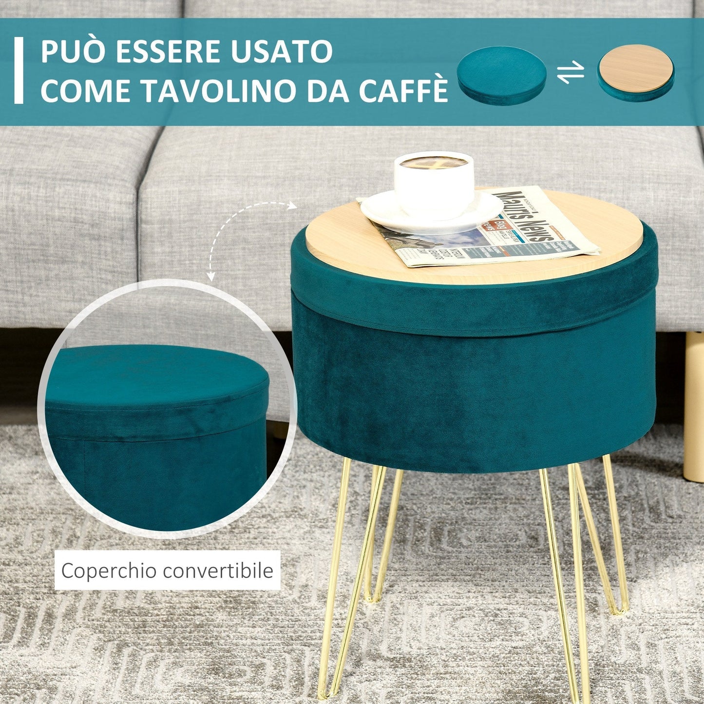 2 in 1 Storage Ottoman with Stool and Coffee Table Function, in Wood and Green Fabric, Metal with Gold Finish, 36x36x45cm