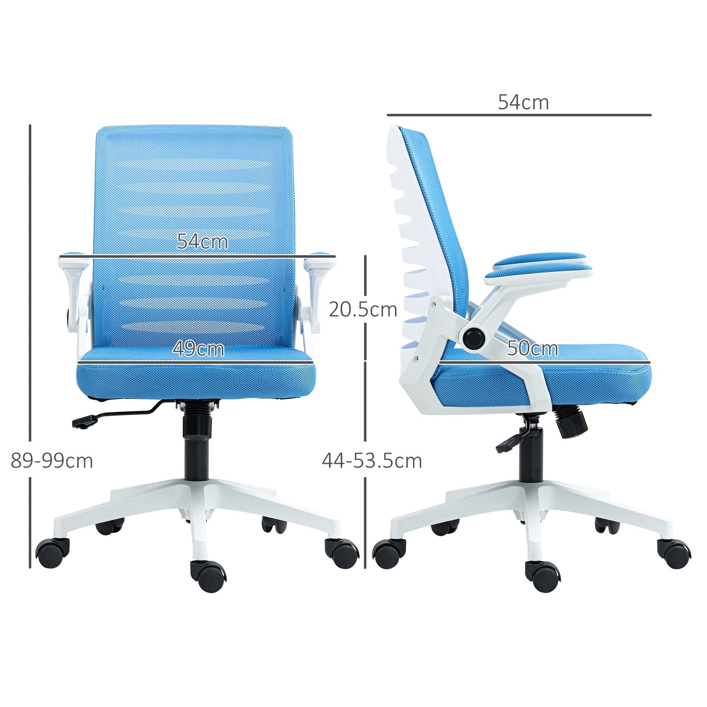Ergonomic Swivel Chair with Adjustable Height and Armrests, 54x54x89-99 cm, White and Blue