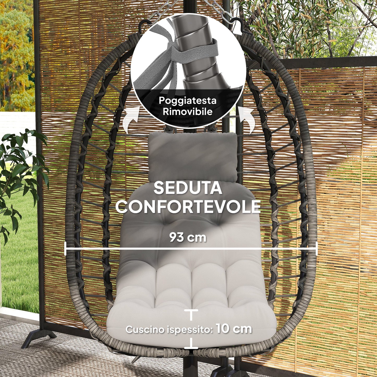 Rattan Hanging Egg Chair with Cushion and Headrest, Adjustable Height and Foldable Seat, Grey