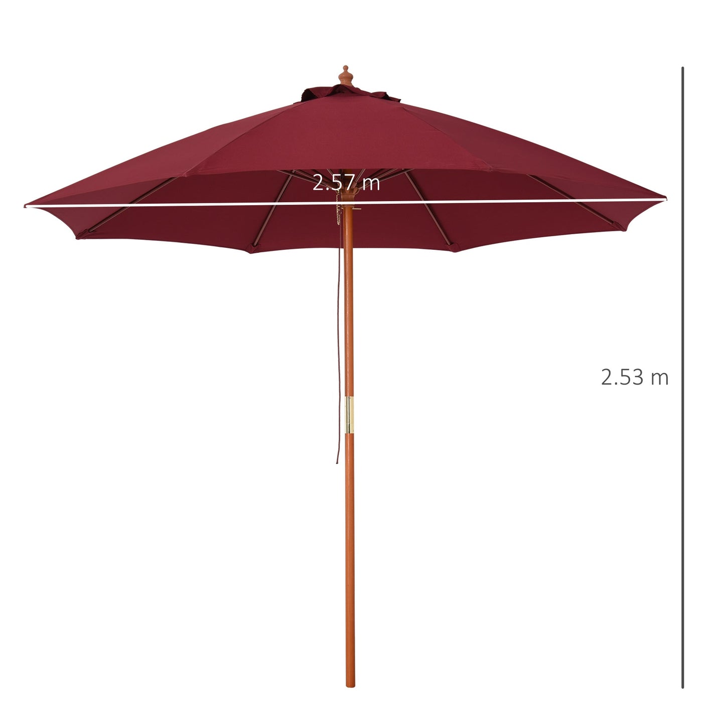 2.5x2.5m Garden Umbrella with Red Polyester Windproof Canopy and Wooden Pole