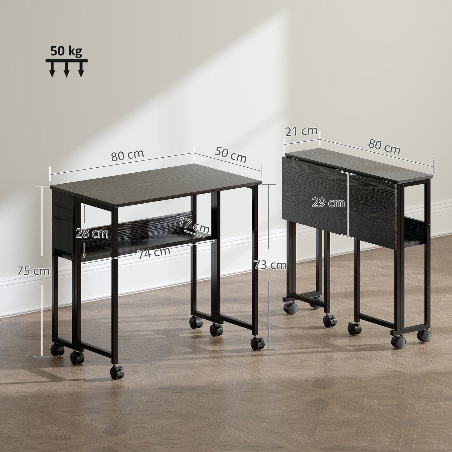 Space-Saving Folding Drop-Leaf Desk with Shelf, Storage Pocket and Wheels, Black