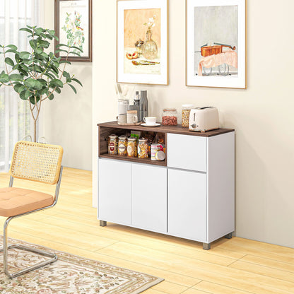 Modern Wooden Kitchen Sideboard with Cabinets, Drawer and Open Compartment, 105x39x83cm, White