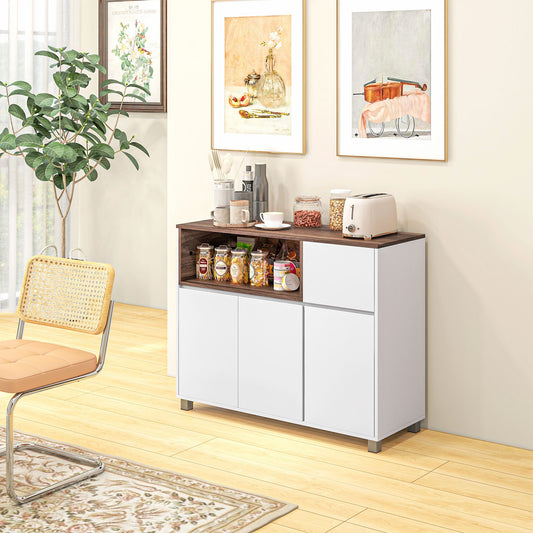 Modern Wooden Kitchen Sideboard with Cabinets, Drawer and Open Compartment, 105x39x83cm, White