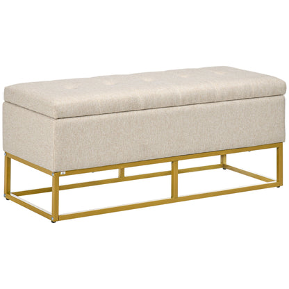 Quilted Polyester Storage Bench with Gold Steel Legs, 110x44x48cm, Beige