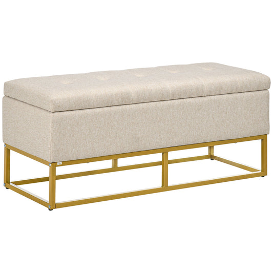 Quilted Polyester Storage Bench with Gold Steel Legs, 110x44x48cm, Beige