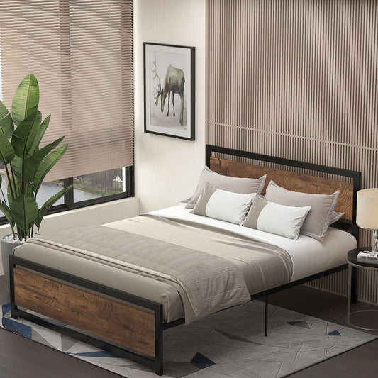 Industrial Style Wooden and Steel Double Bed Frame with Slats, 160x200cm