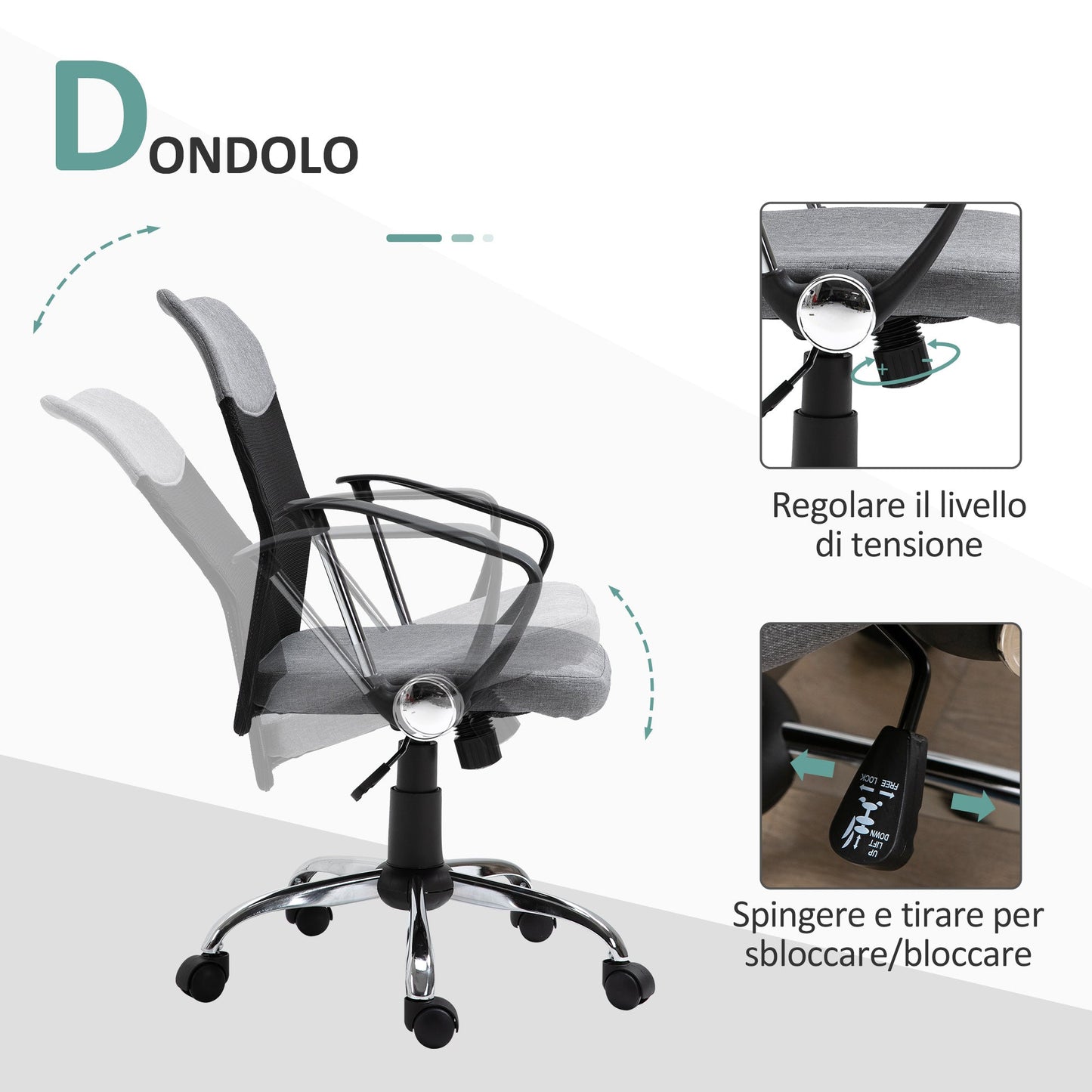 Grey Fabric Office Chair, Ergonomic Swivel Desk Chair, 60 x 66 x 91-101cm