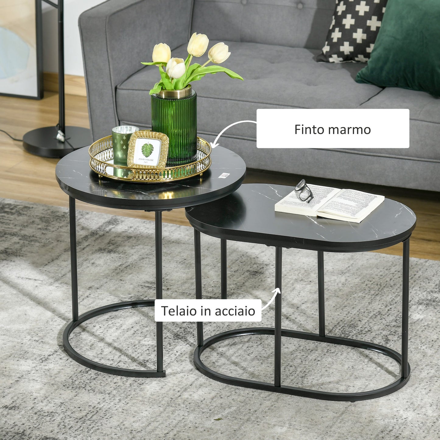 Set of 2 Coffee Tables with Marble Effect Top, in Wood and Steel, Ø50x50.5 cm and 60x36x43.5 cm, Black