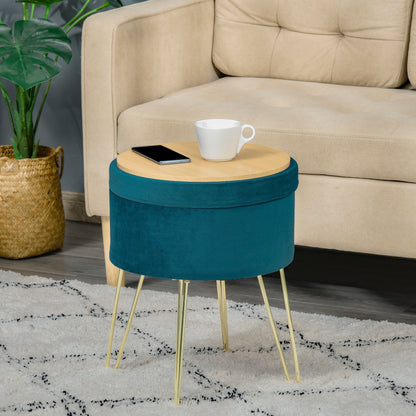 2 in 1 Storage Ottoman with Stool and Coffee Table Function, in Wood and Green Fabric, Metal with Gold Finish, 36x36x45cm