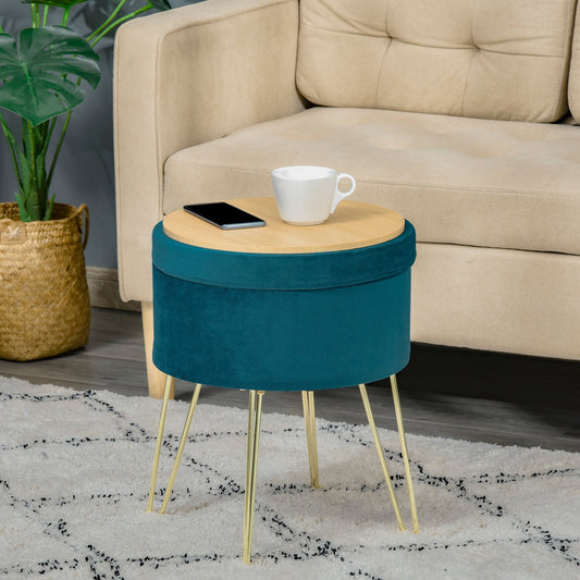 2 in 1 Storage Ottoman with Stool and Coffee Table Function, in Wood and Green Fabric, Metal with Gold Finish, 36x36x45cm