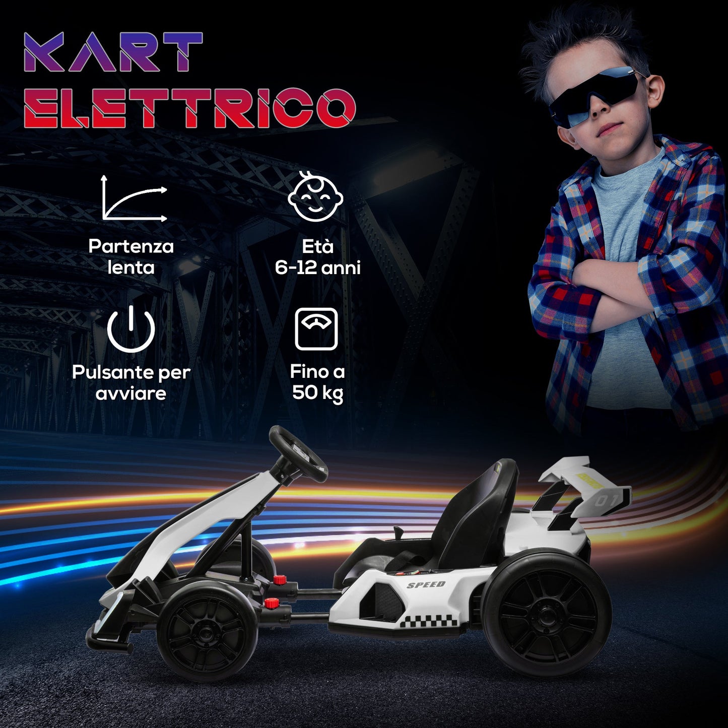 Electric Go Kart for Kids 6-12 Years 24V 12km/h with Adjustable Seat, White