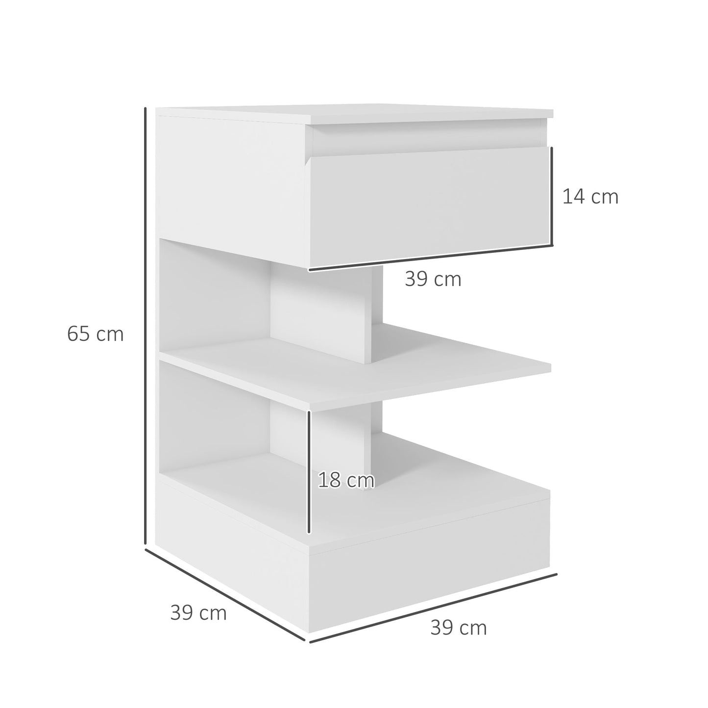 Modern Bedside Table in Chipboard and MDF with a Drawer and 2 Shelves, 39x39x65 cm, White