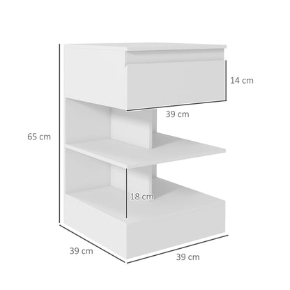 Modern Bedside Table in Chipboard and MDF with a Drawer and 2 Shelves, 39x39x65 cm, White
