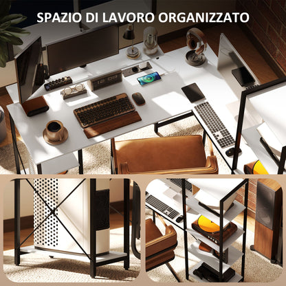 Corner Desk with Electrical & USB Outlet, Shelf & Monitor Stand, Black & White