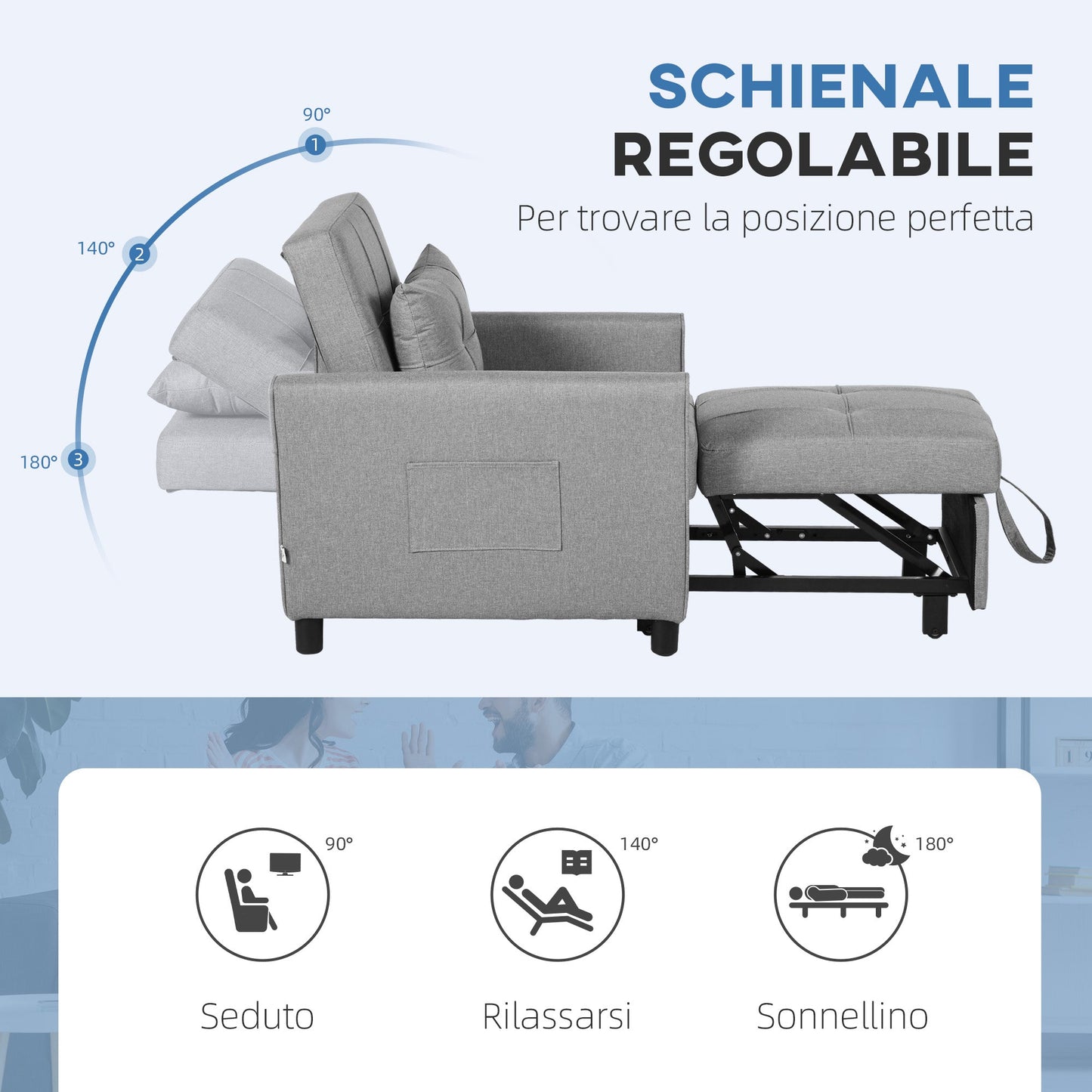 Single Reclining Armchair Bed on 3 Levels with Extra Cushion, 69x82x85cm, Light Grey