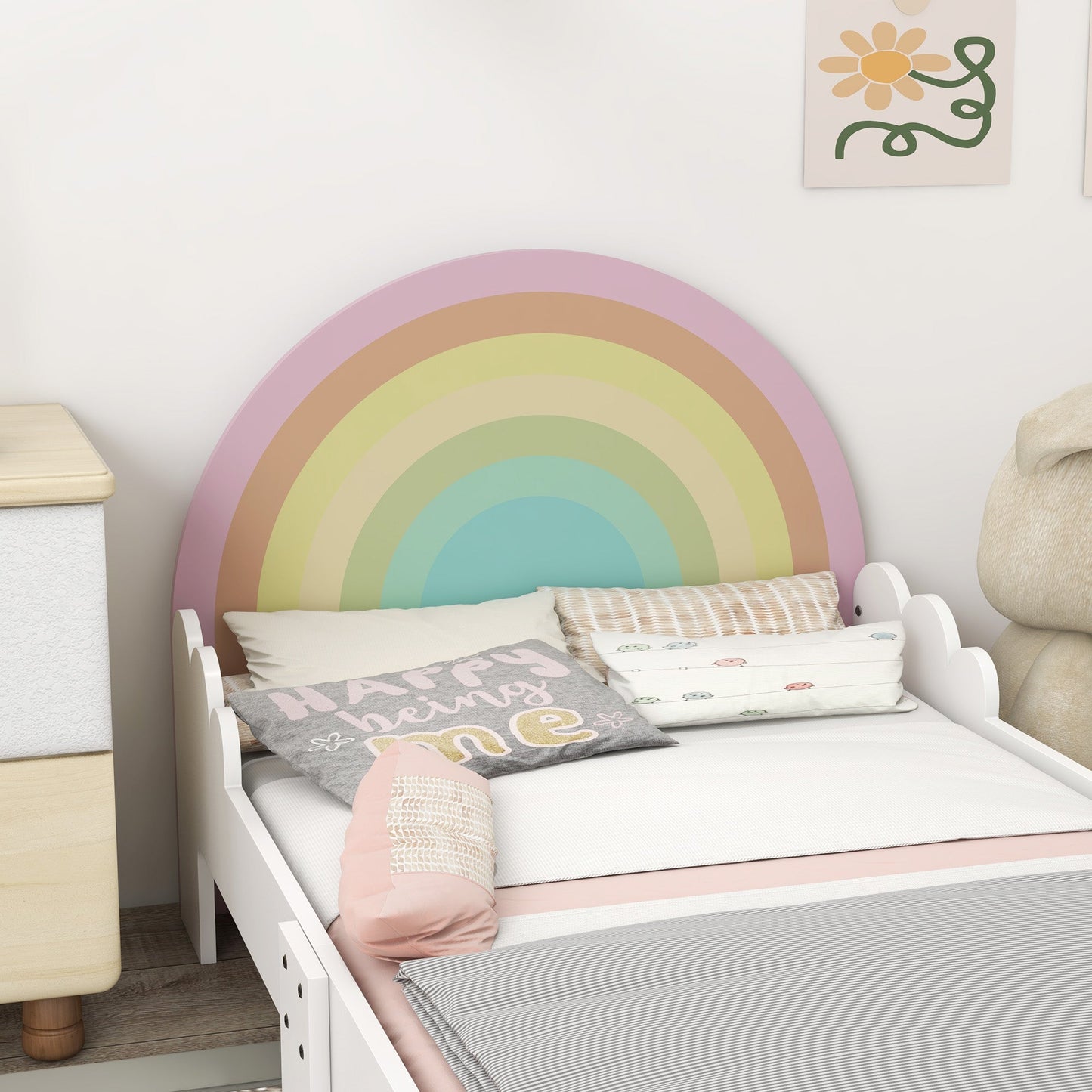 Children's Bed for 3-6 Years with Anti-Fall Side Rails in MDF, 143x74x66 cm, White and Pink