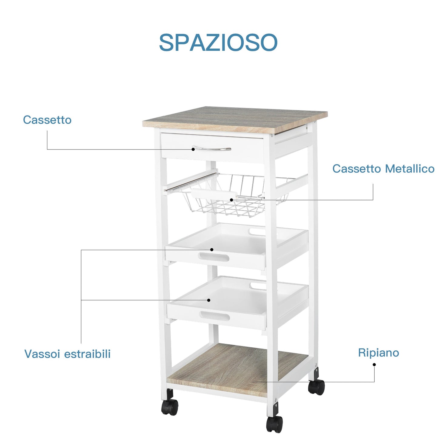 Kitchen Trolley Salvaspazio in white wood with 4 wheels 37x37x82cm