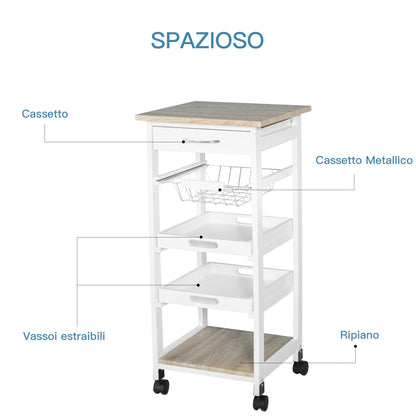Kitchen Trolley Salvaspazio in white wood with 4 wheels 37x37x82cm
