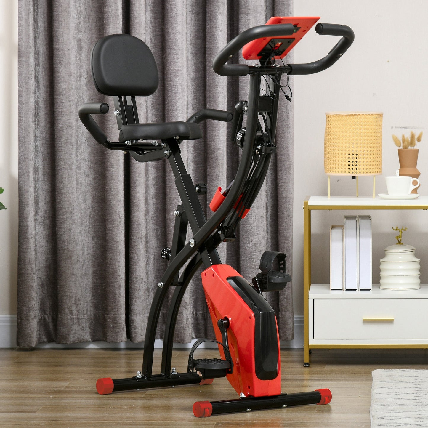 Folding Exercise Bike, 8 Level Adjustable Magnetic Resistance, Fitness Bike with Heart Rate Sensor, Arm Bands, LCD Screen, Red