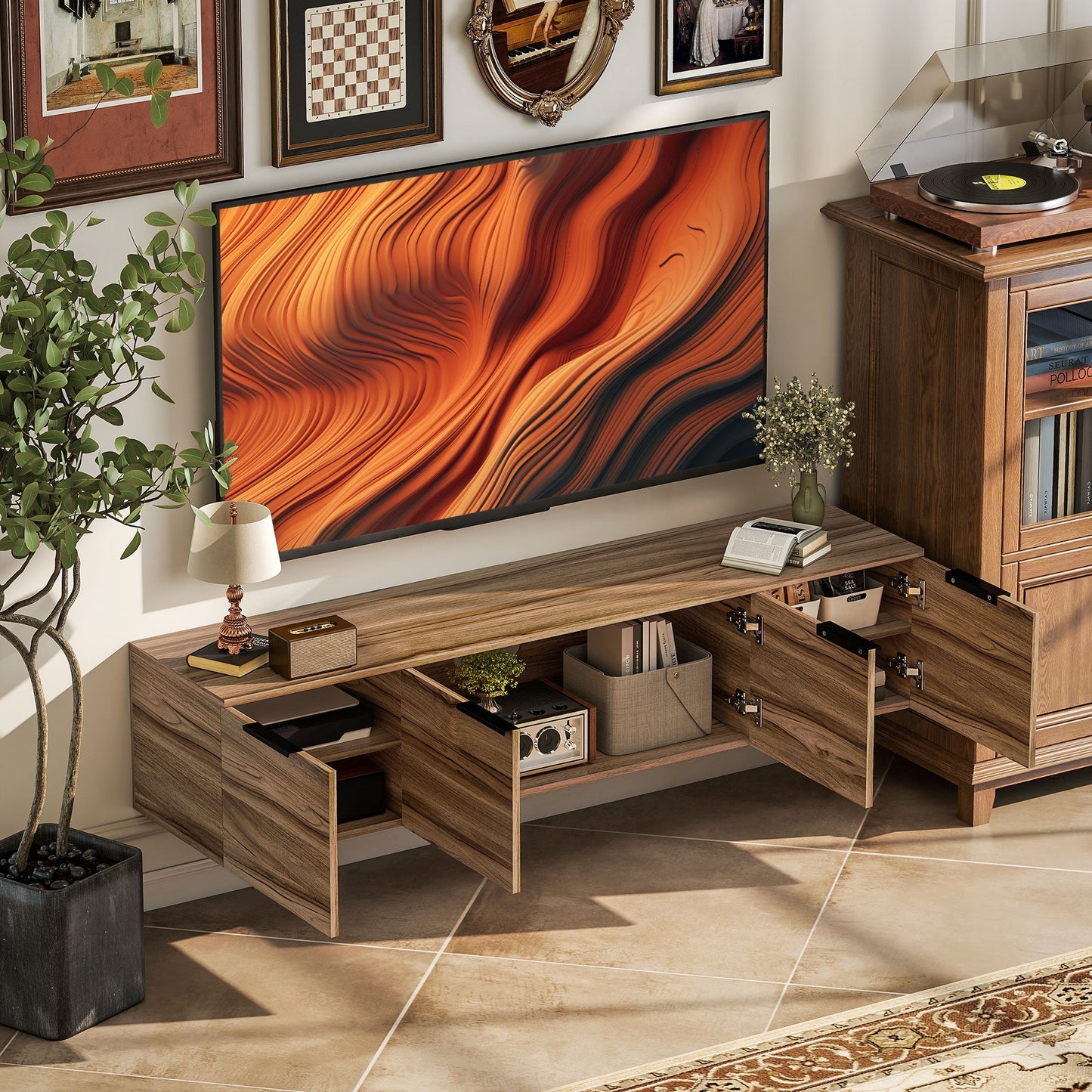Industrial Style Wall Mounted TV Stand with 3 Cabinets, Up to 65", Rustic Brown