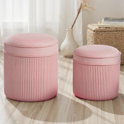 Set of 2 Round Stackable Upholstered Footstools with Velvet Upholstery, 34.8L Storage, Pink
