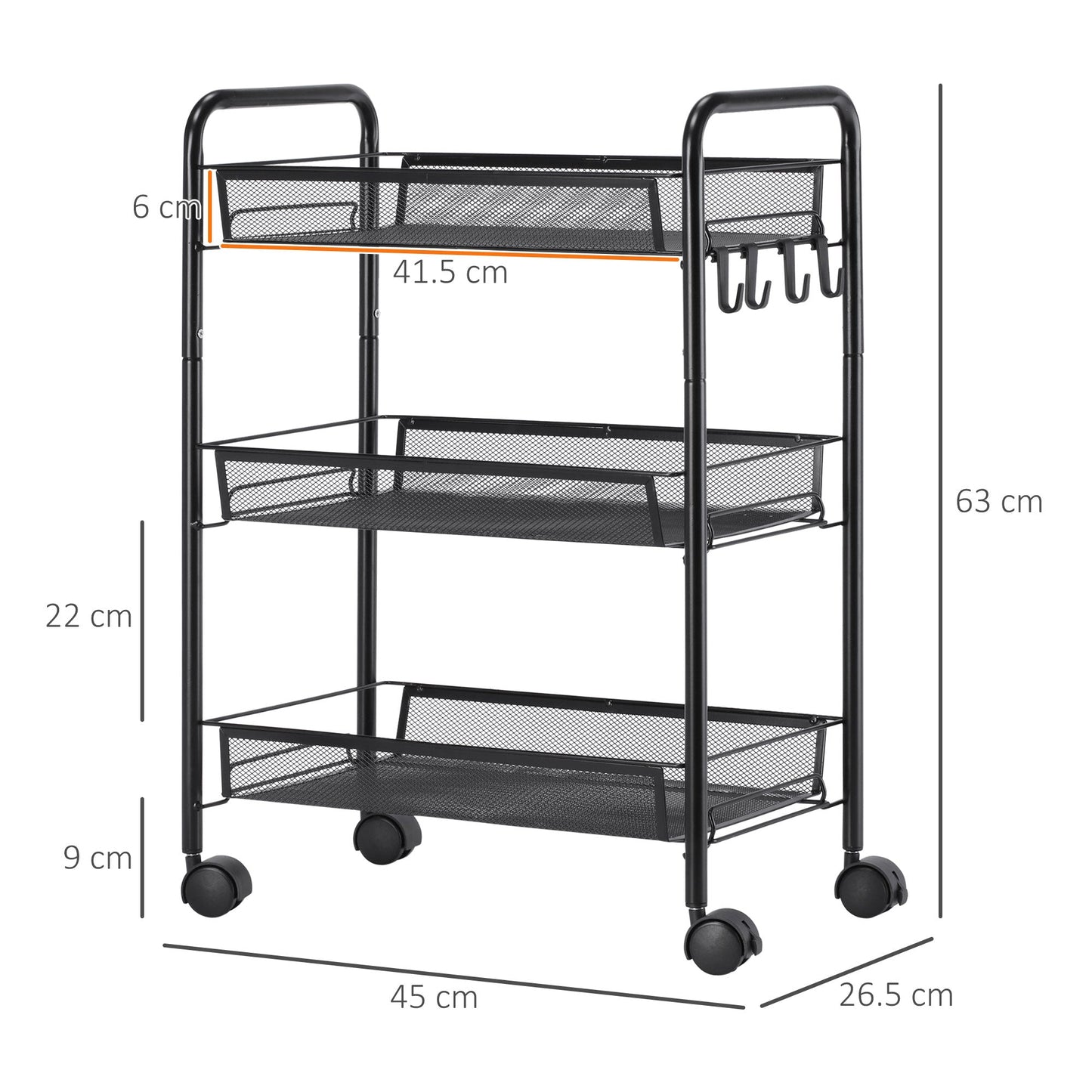 3-Tier Kitchen Cart with Removable Baskets and 4 Wheels, Steel and PP Plastic, 41.5Lx26. 5x63 cm, Black