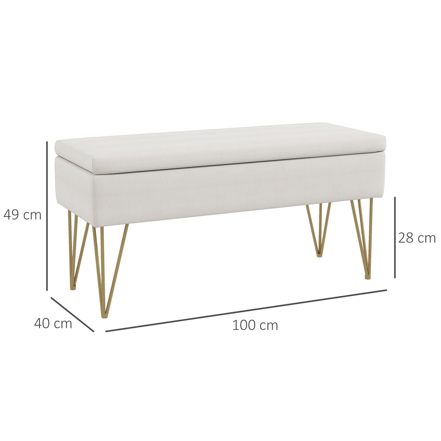 Bed End Bench with Fabric Storage and Steel Legs, 100x40x49cm, Cream