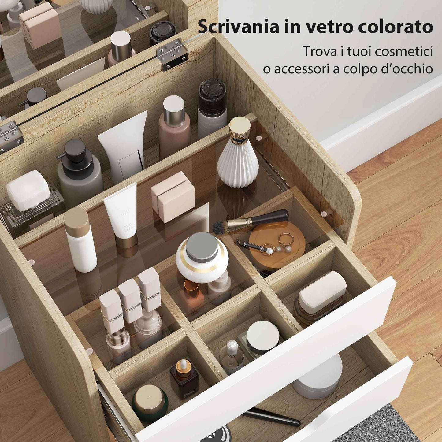 3-in-1 Dressing Table with Mirror, Storage, 2 Drawers and Stool, Wooden, 50x40x78 cm, White and Oak