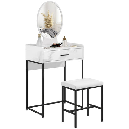 Dressing Table Set with Makeup Mirror, Drawer and Padded Stool, White