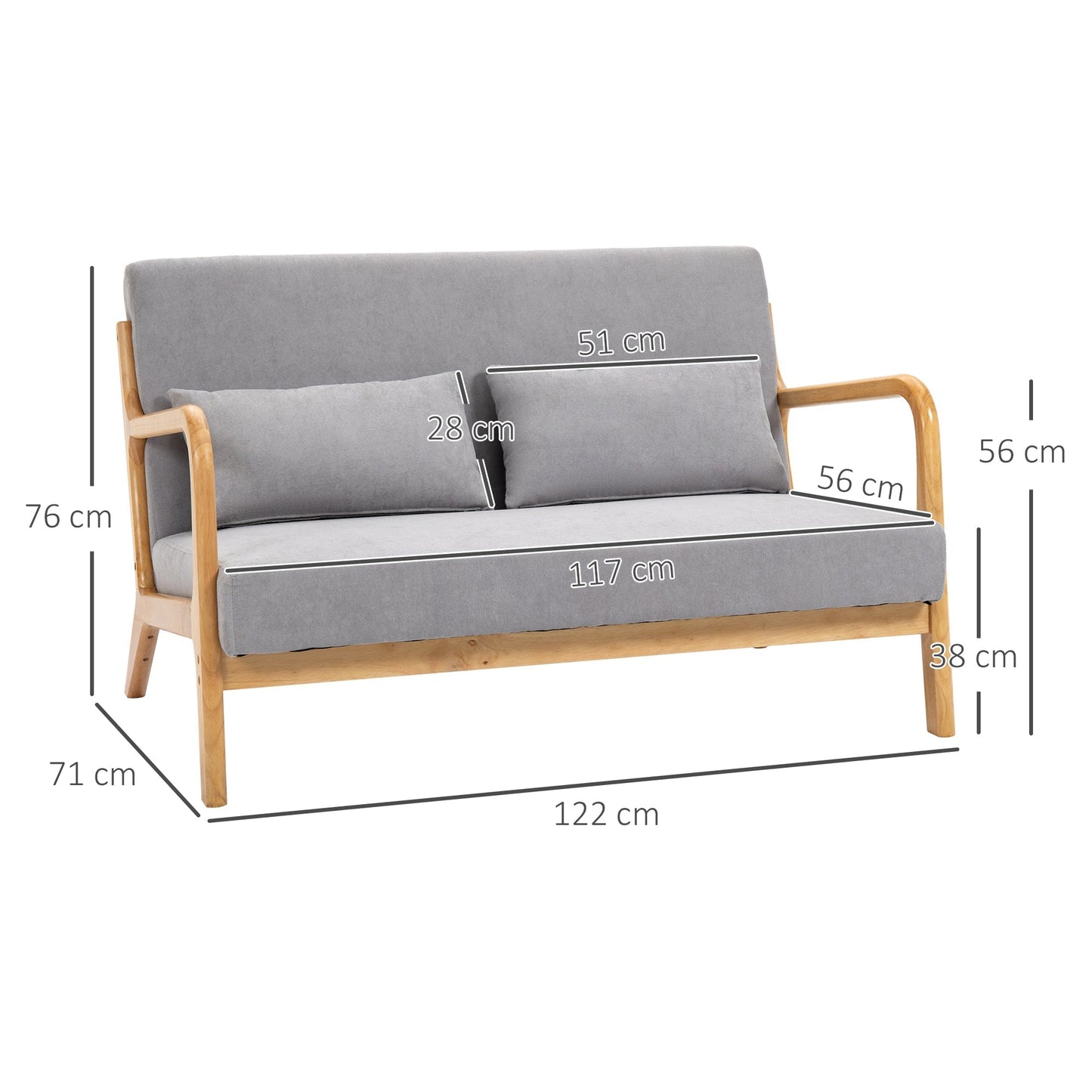 GRETA | Modern 2 Seater Wooden Sofa with Cushions, Padded Seat and Velvet Effect Fabric, 122x80x72 cm, Grey