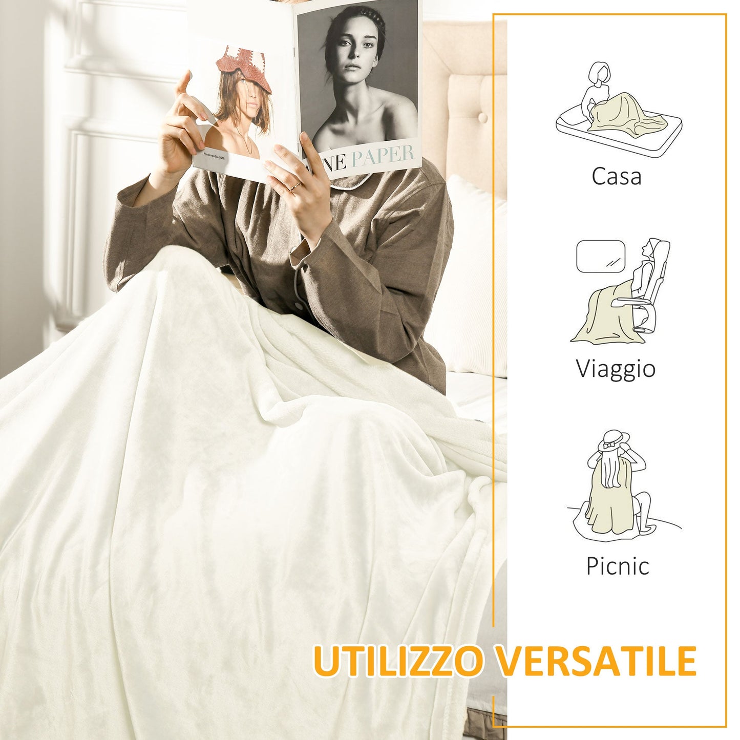 Cream White 330 GSM Reversible Flannel Blanket for Indoor and Outdoor Use, 203x152x0.5 cm, Cream White