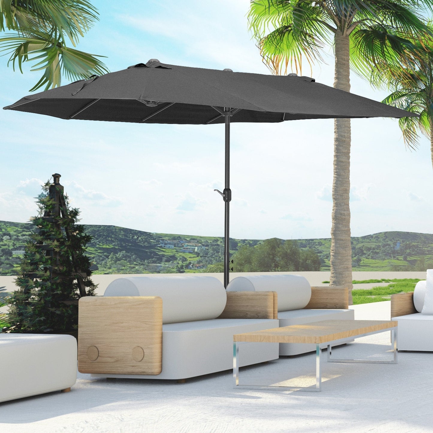 Double Garden Umbrella with Crank Opening, in Steel and Polyester, 460x270x240 cm, Black