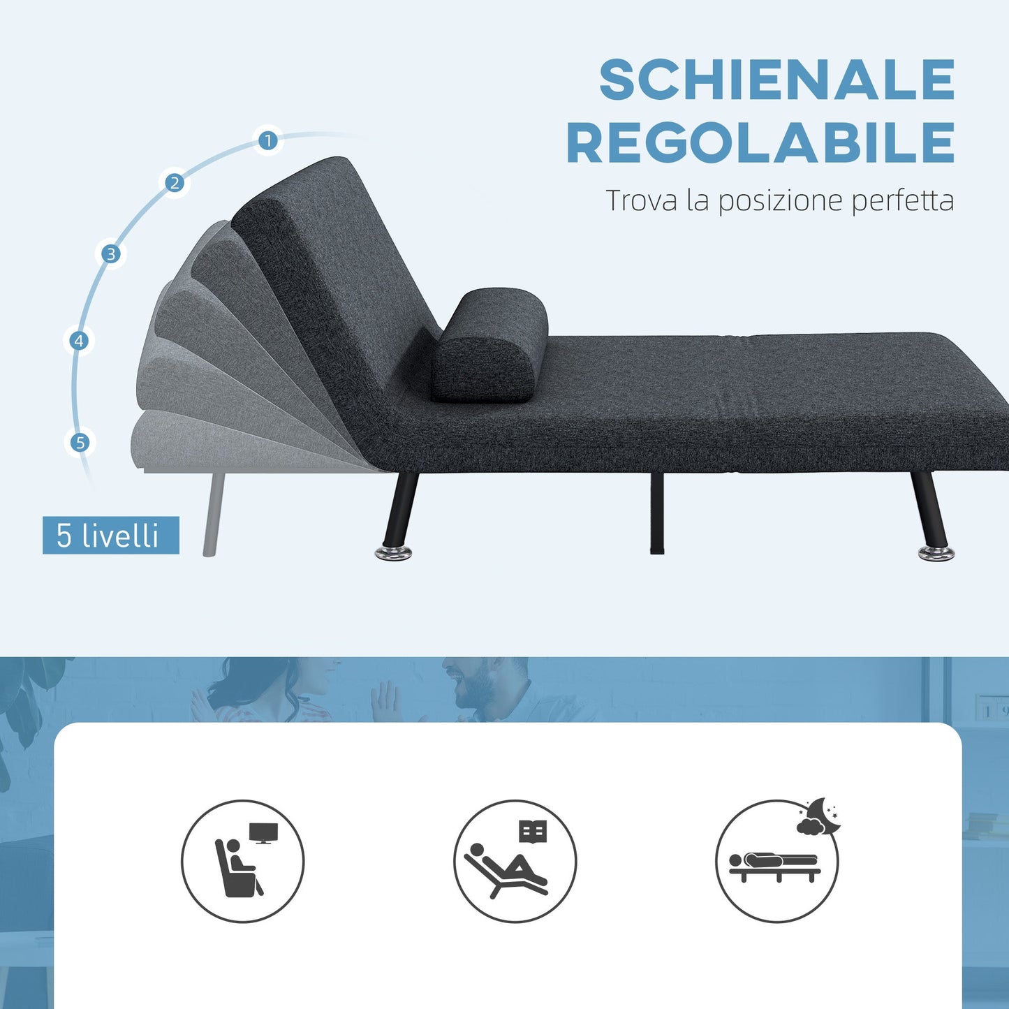 Armchair 3 in 1 Sofa Bed with Adjustable Backrest and Cushion, in Linen Effect Fabric and Steel, Dark Grey