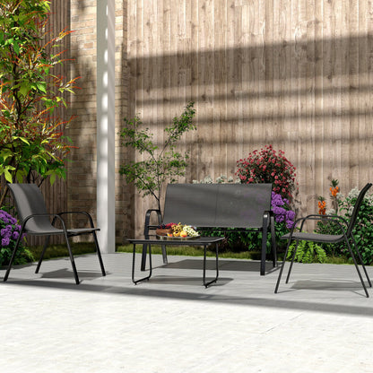 Garden Set with 2 Seater Sofa, 2 Stackable Armchairs and Glass Coffee Table, Black
