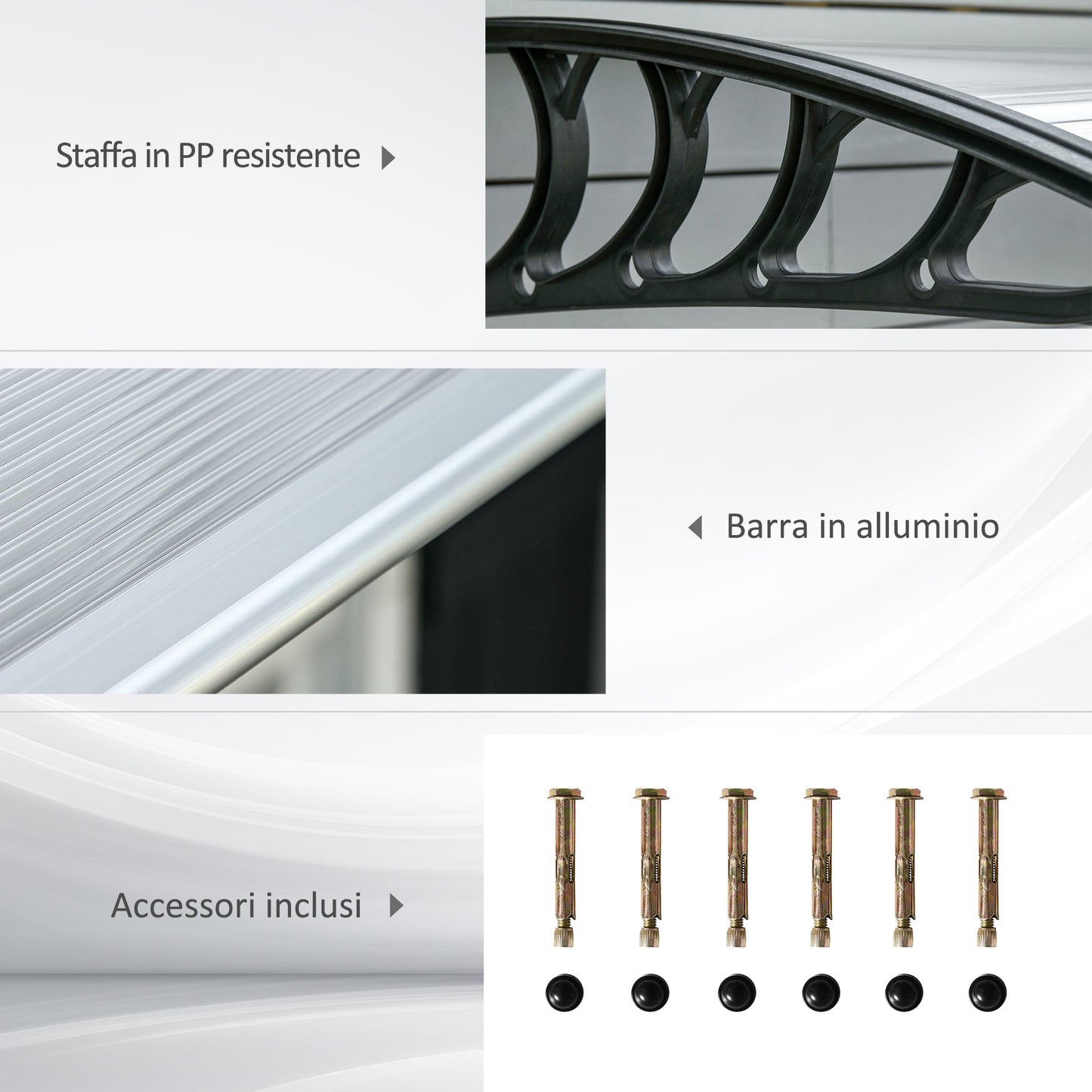 Modern Canopy in Polycarbonate, Aluminum and PP for Balconies, Windows and Doors, 200x96x27 cm
