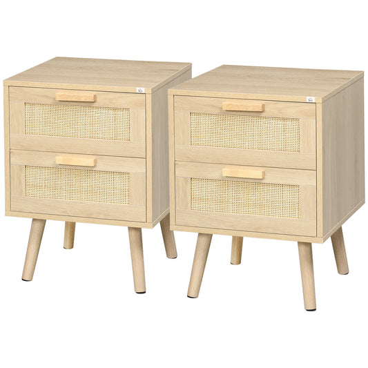 Set of 2 Boho Style Bedroom Nightstands with 2 Drawers, 40x40x56cm, Natural Wood