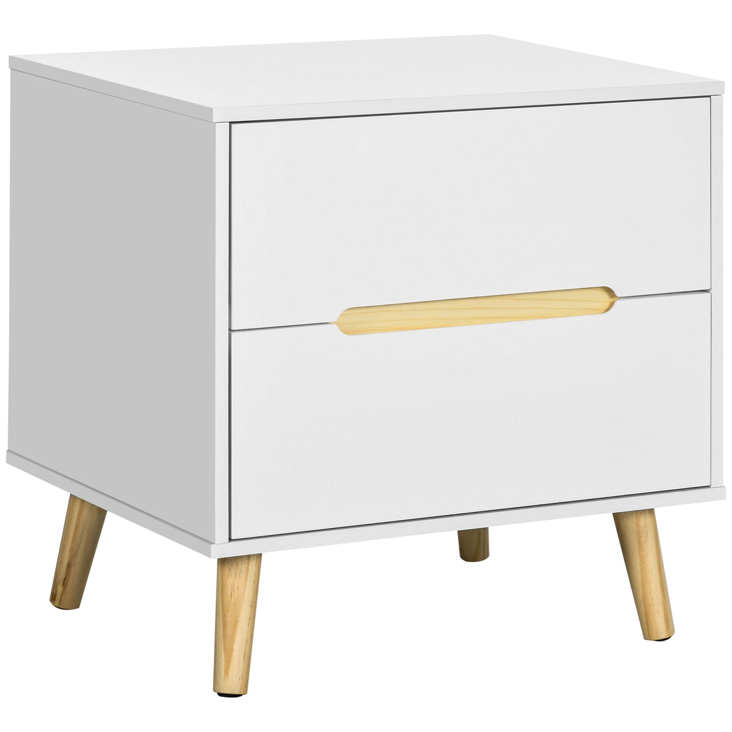 Modern Bedside Table with 2 Drawers in Chipboard and Pine Wood Legs, 50Lx40Dx50.5H cm, White
