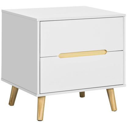 Modern Bedside Table with 2 Drawers in Chipboard and Pine Wood Legs, 50Lx40Dx50.5H cm, White