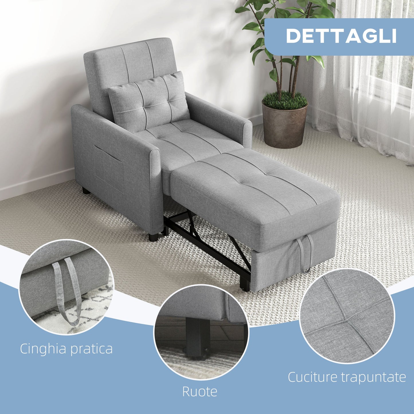 Single Reclining Armchair Bed on 3 Levels with Extra Cushion, 69x82x85cm, Light Grey