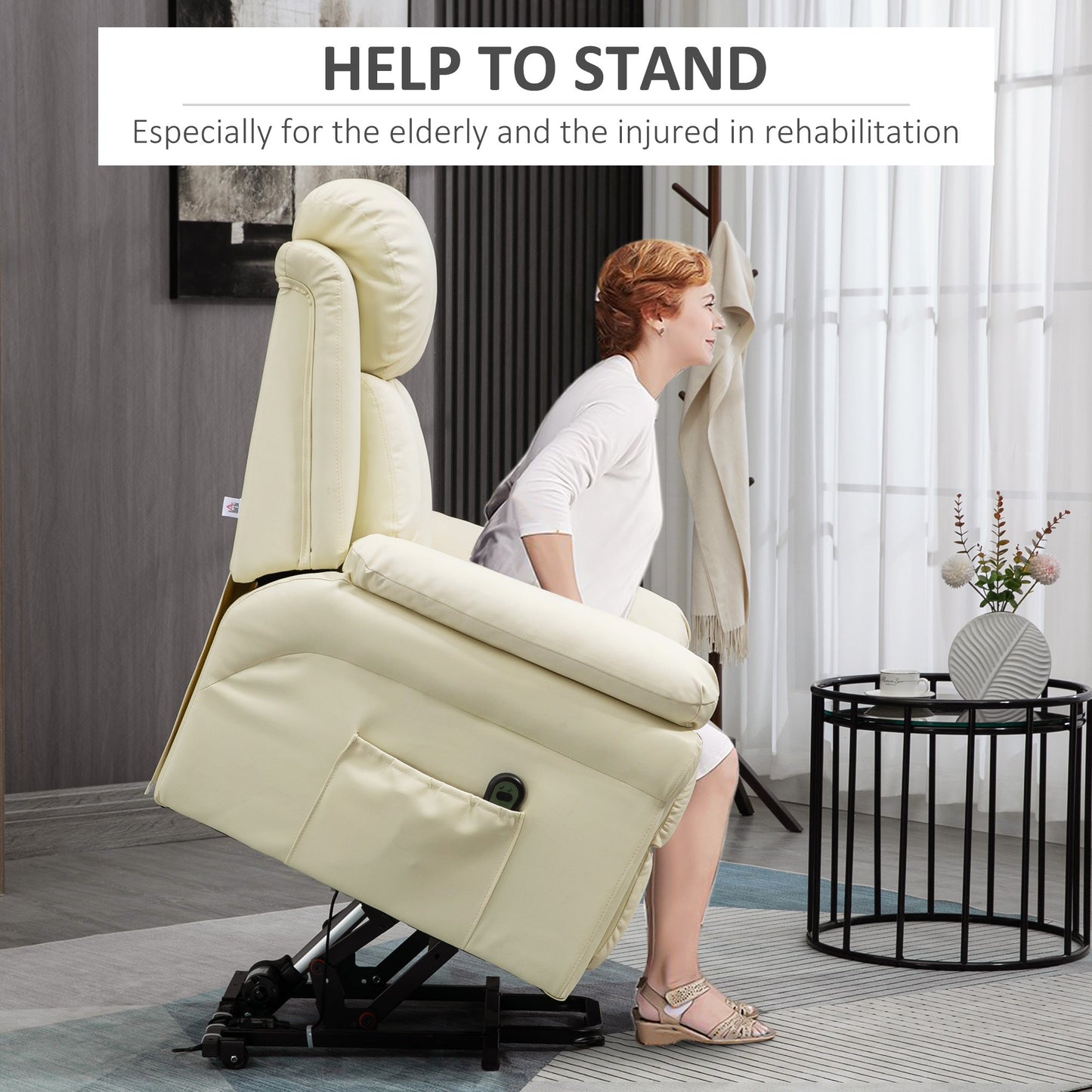 Electric Lift Recliner Chair with Thick Padding and Remote Control, 96x93x105cm, Cream