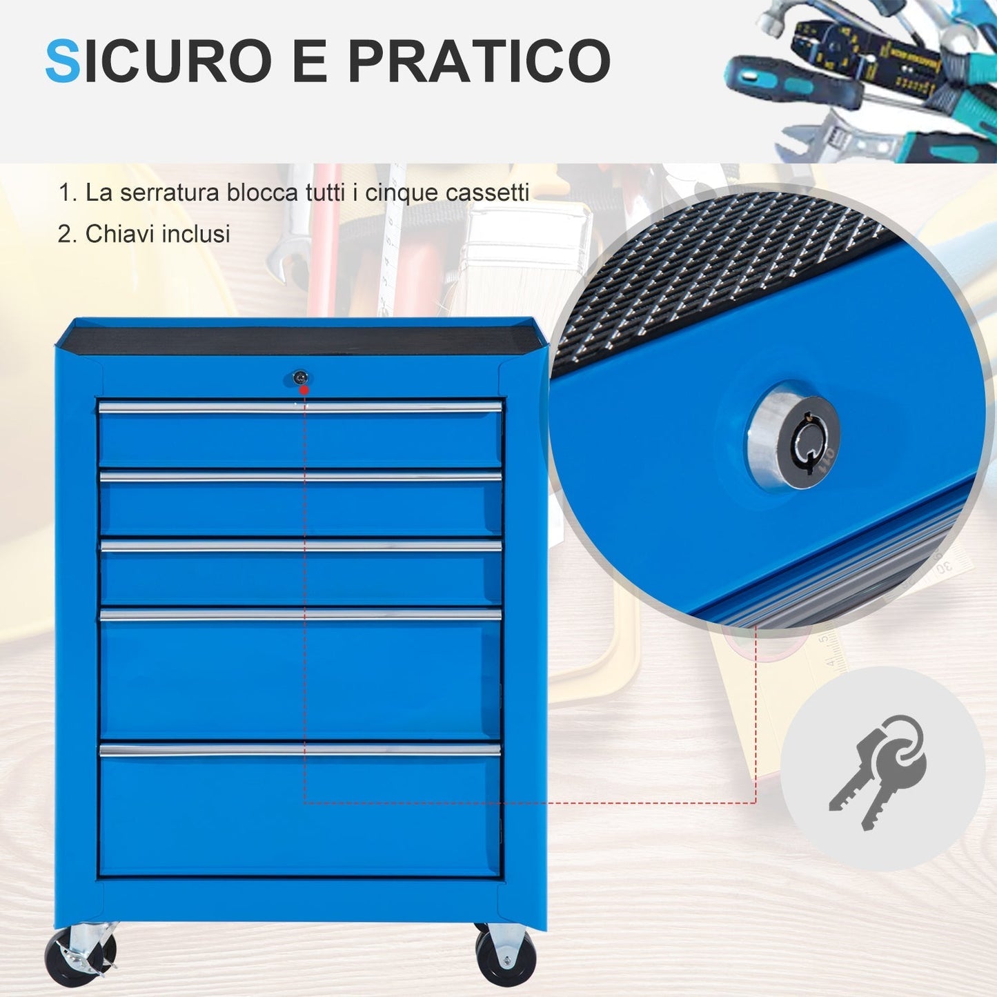 Tool Trolley Equipment Storage with Drawer Blue 61.5 x 33 x 82.5cm