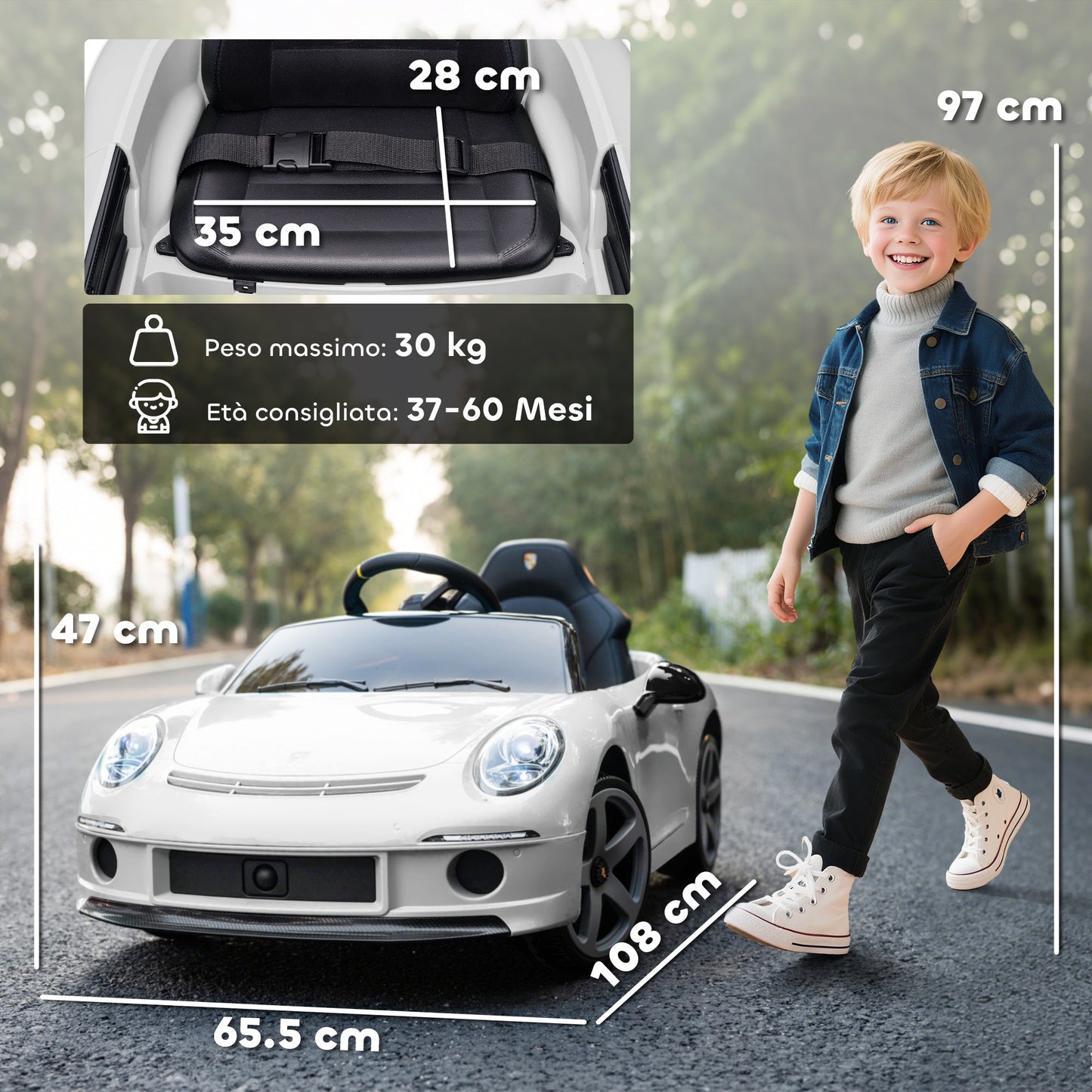 Officially Licensed RUF GT Ride-On Toy Car for Kids Ages 3-5, Remote Control, Seat Belt and Music, White