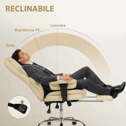 Office Chair with Footrest and Headrest, PU Leather, Foam and Metal, 76x73x117-125 cm, Cream White