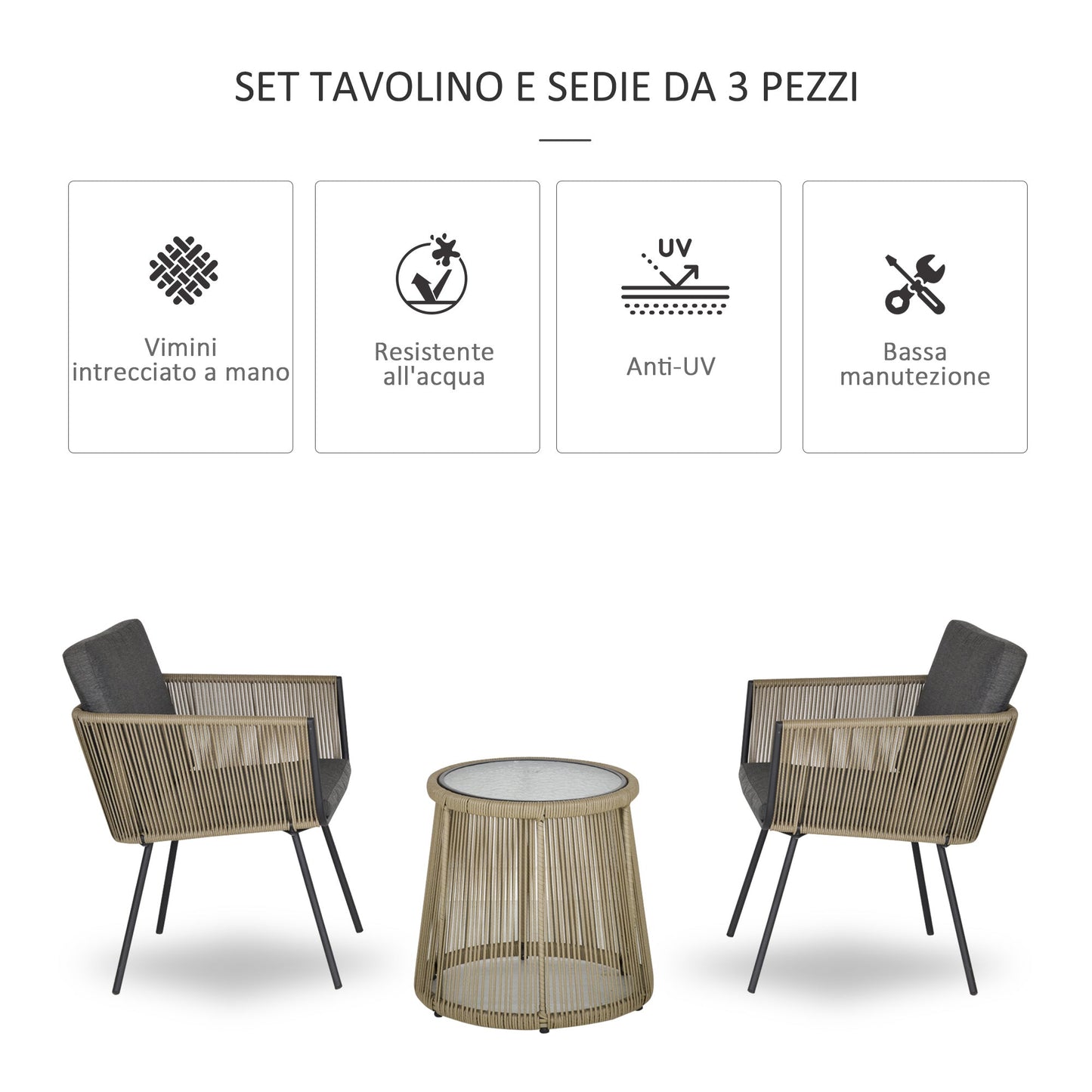 Set of 2 Outdoor Chairs with Table in PE Rattan Boho Style, Khaki and Grey