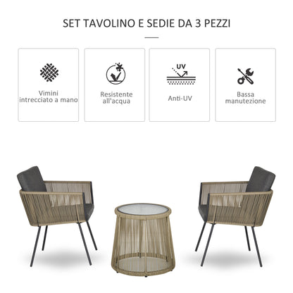 Set of 2 Outdoor Chairs with Table in PE Rattan Boho Style, Khaki and Grey