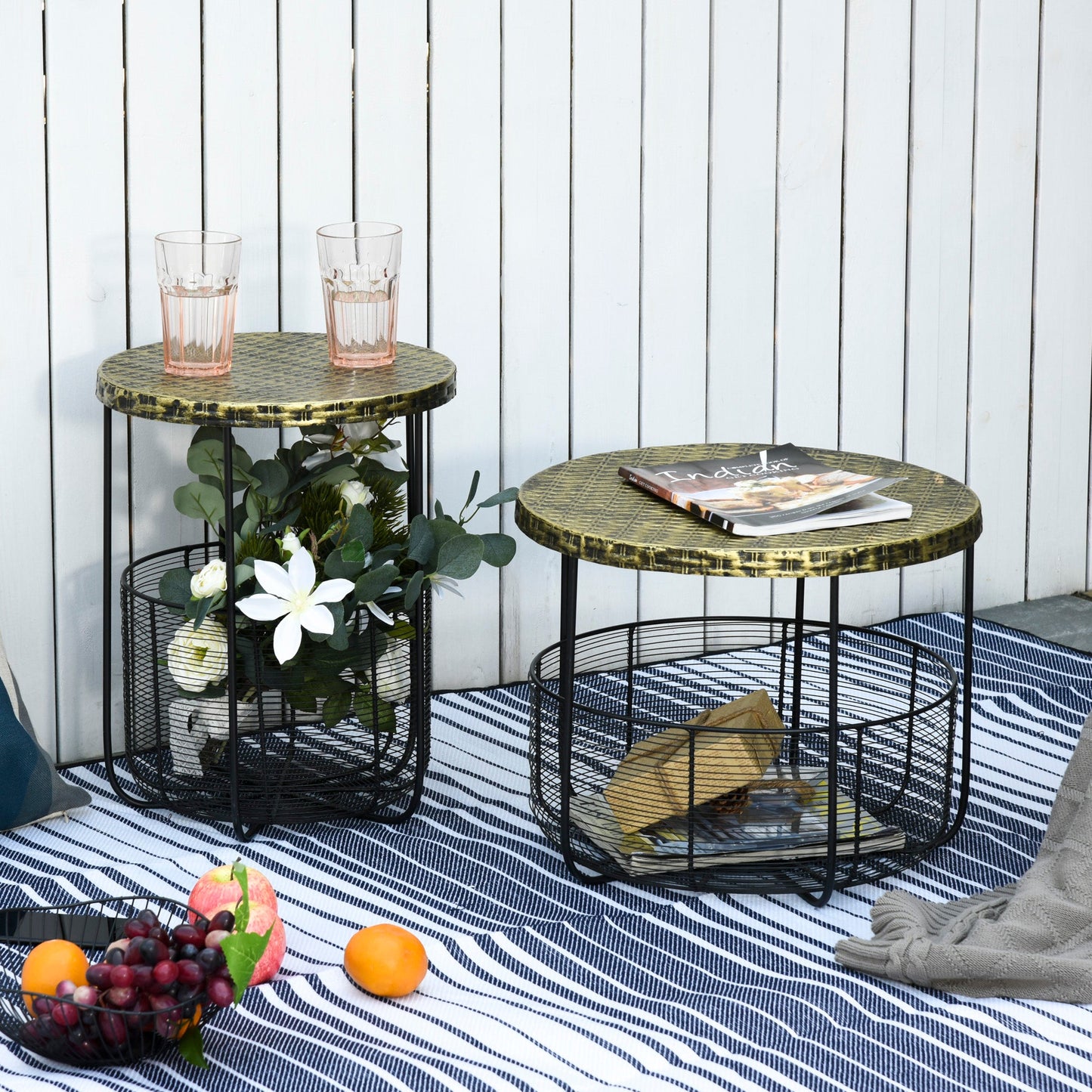 Set of 2 Metal Garden Coffee Tables with Baskets, Industrial Style Outdoor Furniture in Black