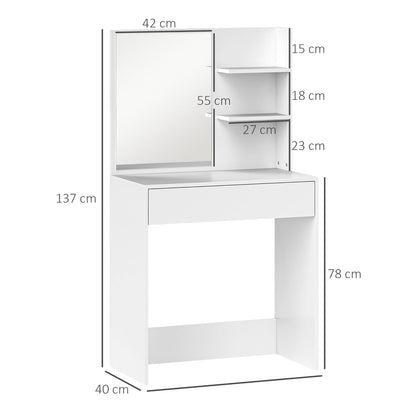 Dressing Table with Mirror, 3 Corner Shelves and Drawer, Wood and Glass, 75x40x137 cm, White
