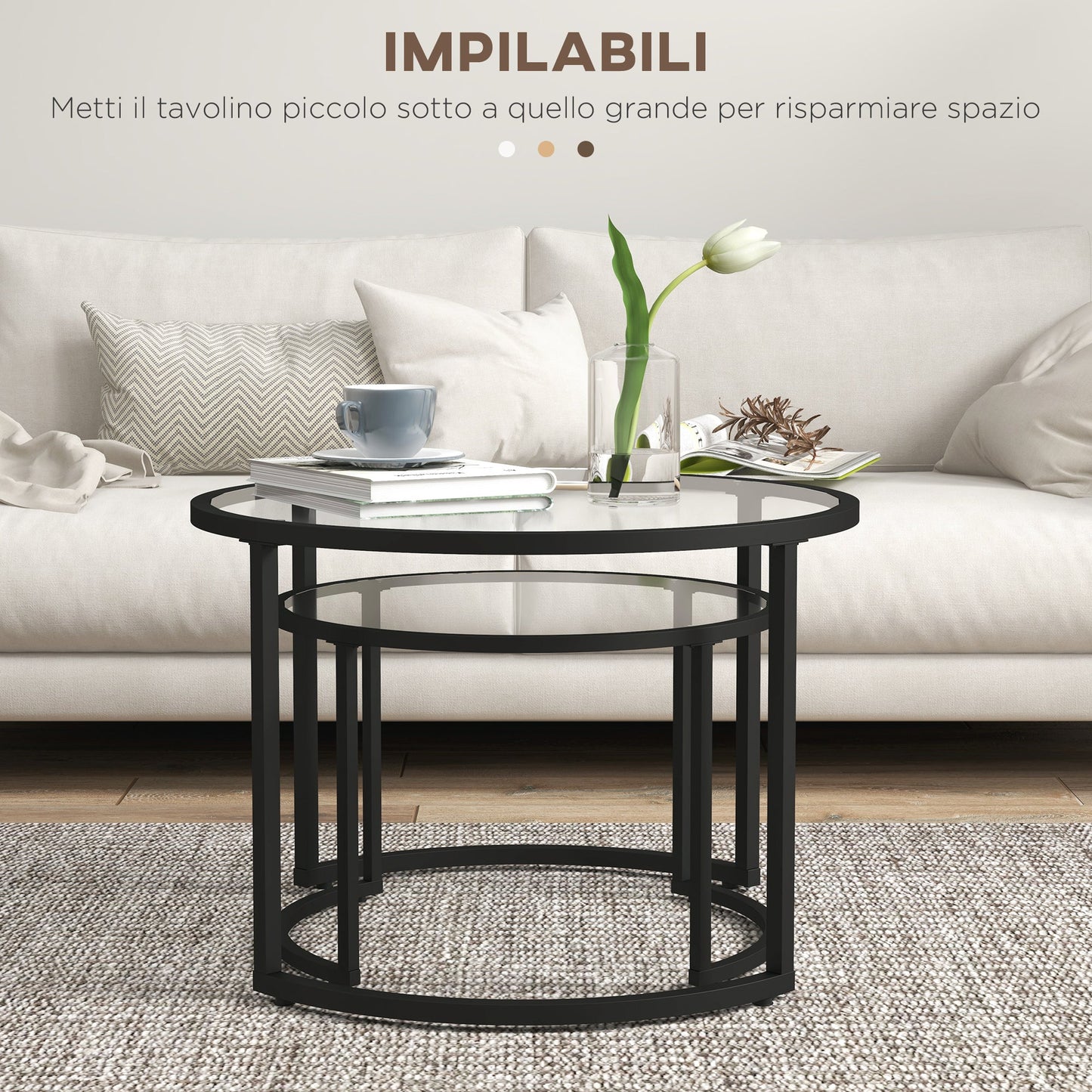 Set of 2 Nesting Glass and Steel Coffee Tables, Ø70 x 47.5 cm and Ø54 x 42.5 cm, Black