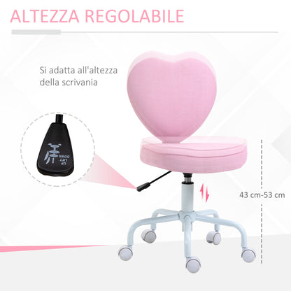 Heart-Shaped Desk Chair with 5 Wheels and Adjustable Height in Pink Fabric, 40x50x79-89cm